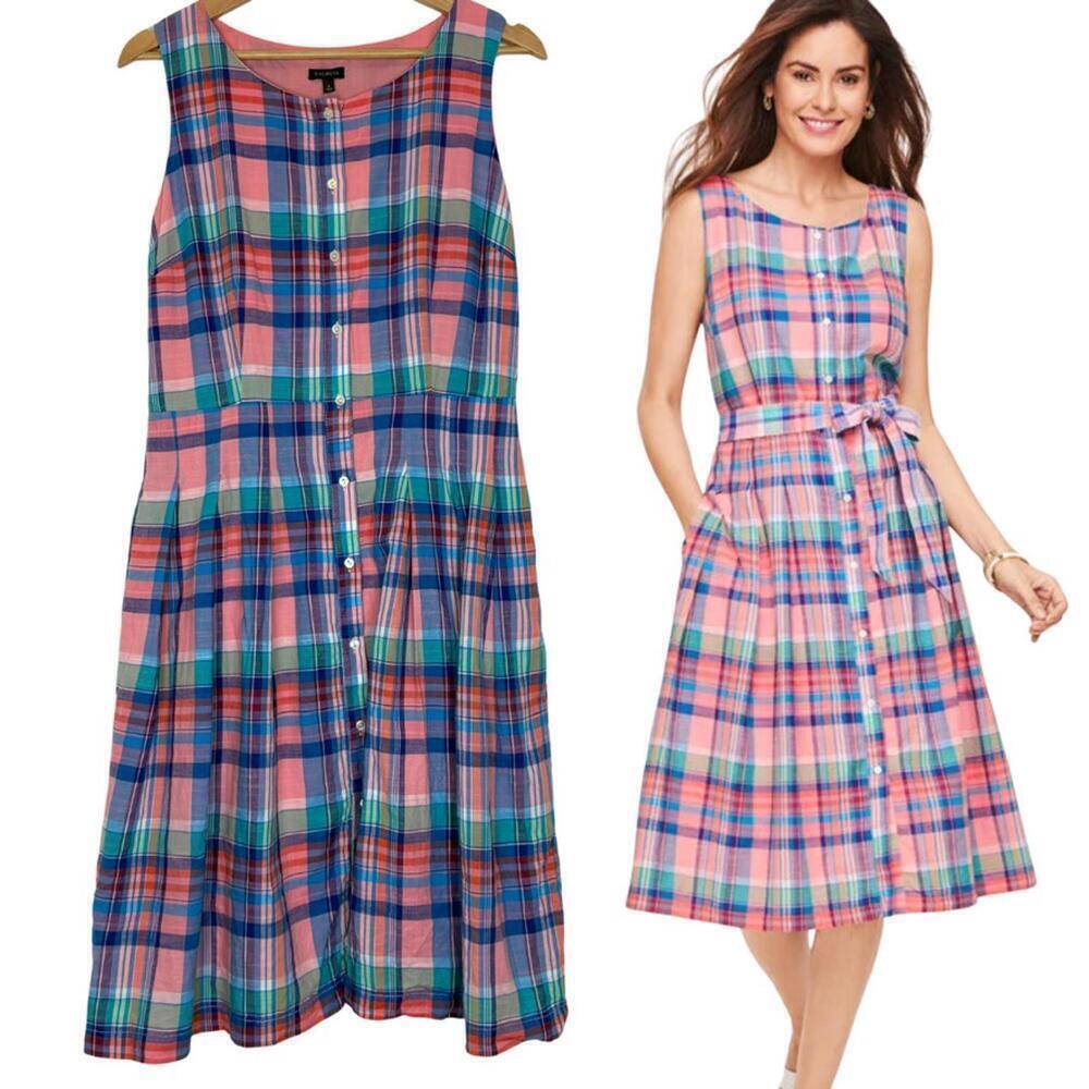 Talbots A-line Pastel Pleated Plaid Preppy Academic Button Down Sundress Size: 6